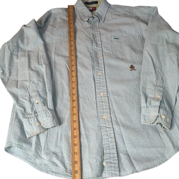 Vintage Tommy Hilfiger Shirt Mens Large Seersucker Button Down Crest Blue Stripe - Picture 6 of 13